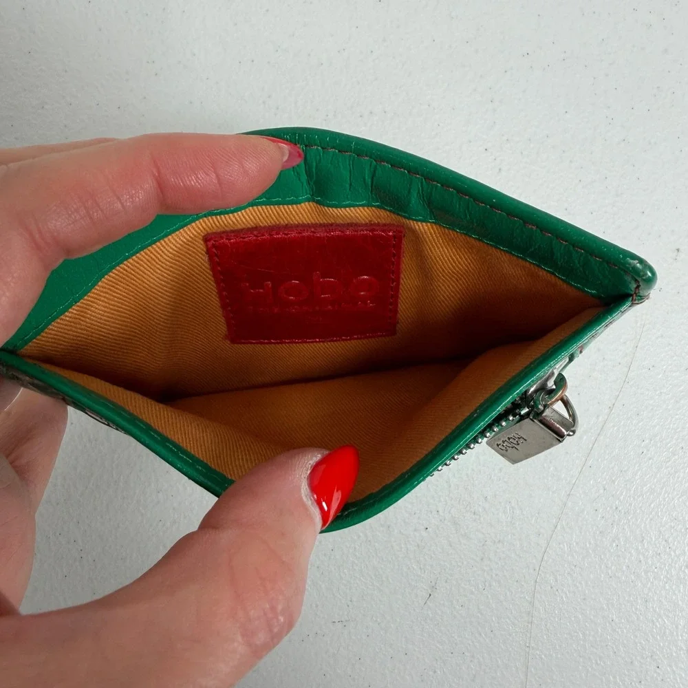 Hobo Euro Slide Card Case Holder Slim Zipper ID Window Green Leather Wallet